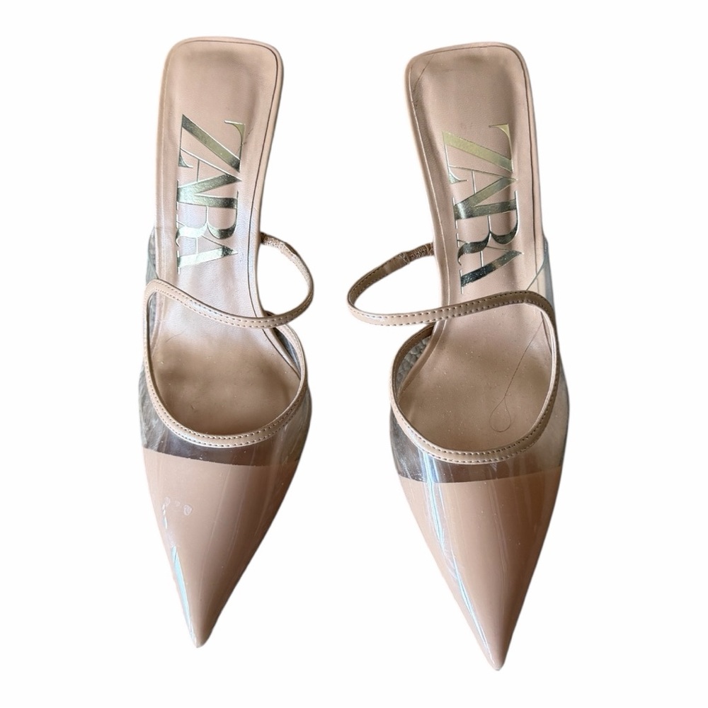 Zara Nude Pointed Mule with Clear Panel and Slim Strap